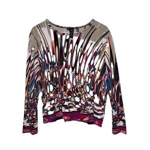 Lynn Ritchie Women's Silk Blouse Abstract Colorful 3/4 Sleeve Shirt Top Size Lg